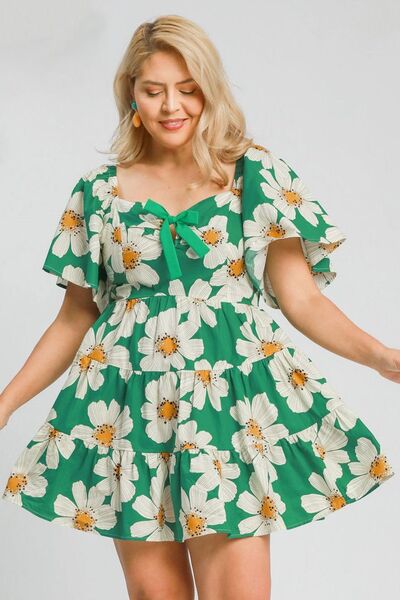 Umgee Full Size Daisy Print Mini Dress with Ribbon Details Plus Size - Drazelle Store