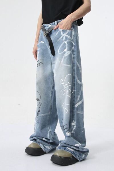 Mid Rise Graffiti Print Distressed Wide Leg Jeans - Drazelle Store