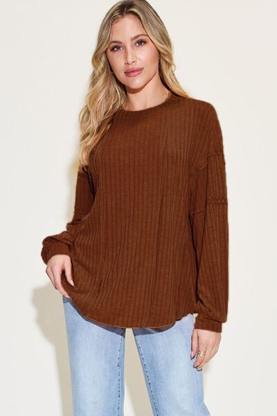 Basic Bae Full Size Ribbed Round Neck Long Sleeve T-Shirt - Drazelle Store