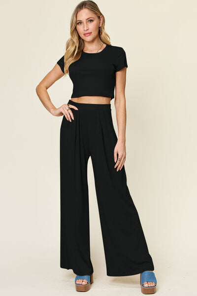 Double Take Full Size Round Neck Top and Pants Set - Drazelle Store