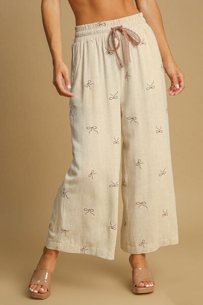 Umgee Full Size Lace Drawstring Embroidered Bow Wide Leg Pants - Drazelle Store