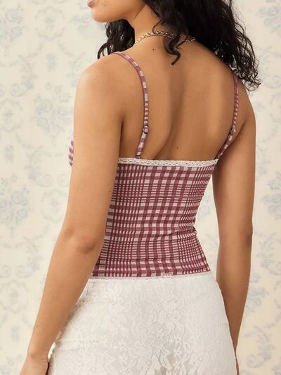 Lace Detail Plaid Square Neck Cami - Drazelle Store