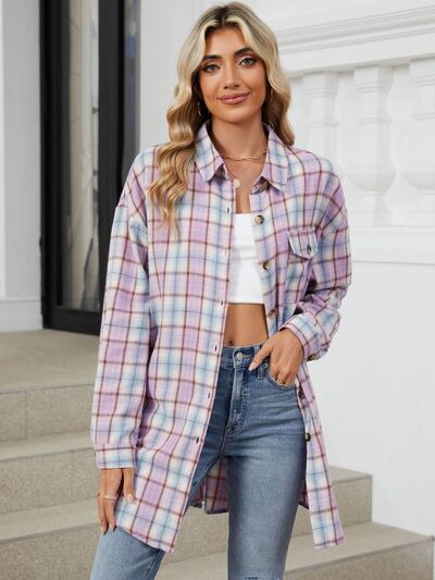 Plaid Collared Neck Long Sleeve Shirt - Drazelle Store