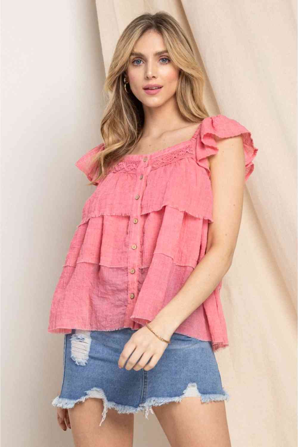 ODDI Full Size Buttoned Ruffled Top - Drazelle Store