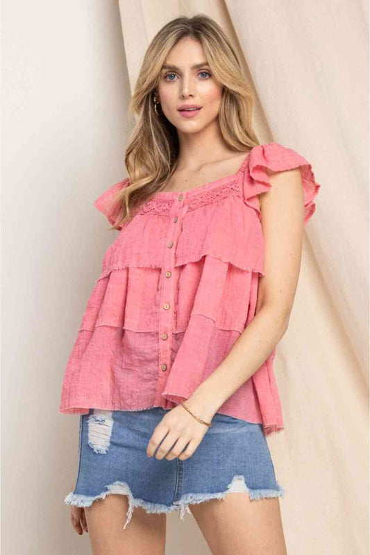 ODDI Full Size Buttoned Ruffled Top - Drazelle Store