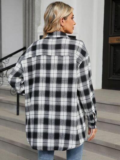 Plaid Collared Neck Long Sleeve Shirt - Drazelle Store