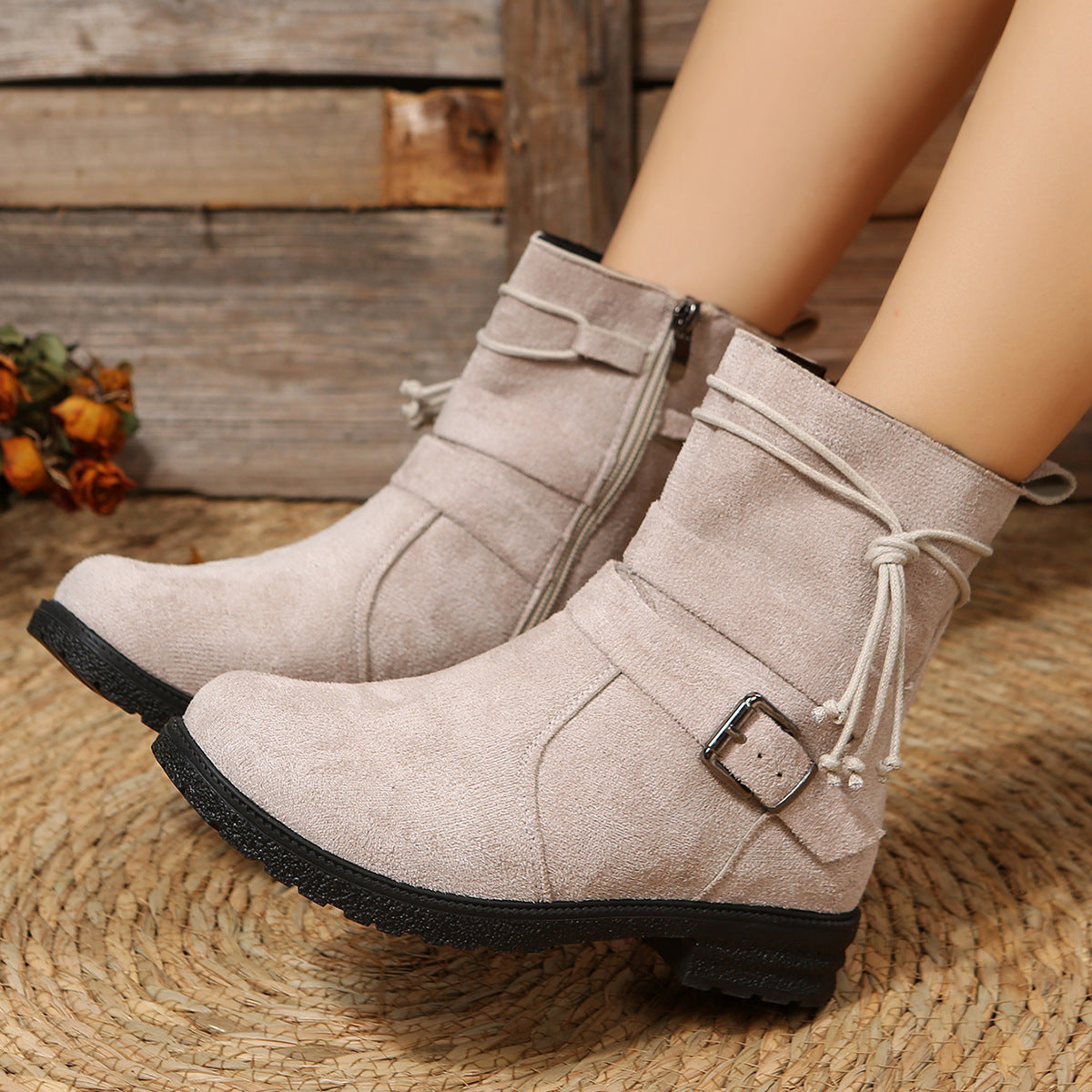 Suede Side Zip Round Toe Boots - Drazelle Store