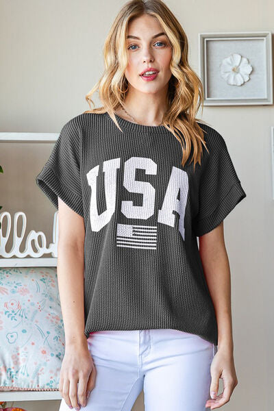 Heimish Full Size USA Graphic Short Sleeve Ribbed Top - Drazelle Store