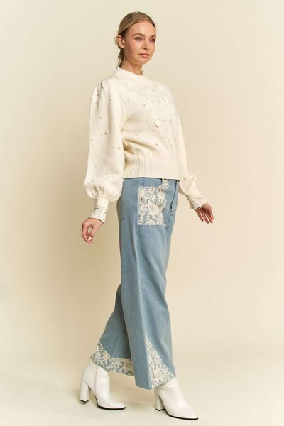 Davi & Dani Lace Applique Wide Leg Jeans - Drazelle Store