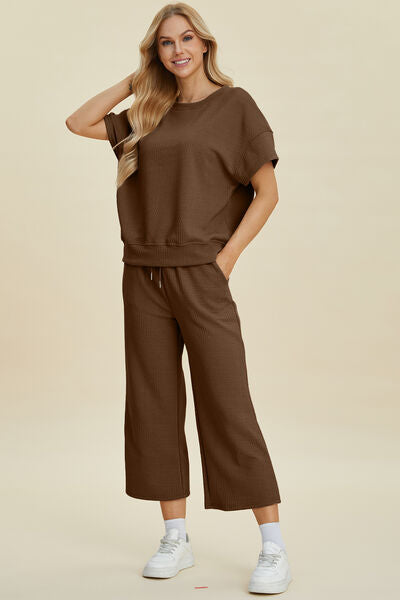 Double Take Full Size Texture Round Neck Top and Pants Set - Drazelle Store