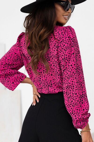 Leopard Round Neck Balloon Sleeve Blouse - Drazelle Store