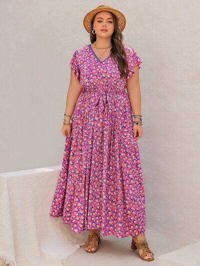 Plus Size Printed V-Neck Flutter Sleeve Tie Waist Maxi Dress - Drazelle Store