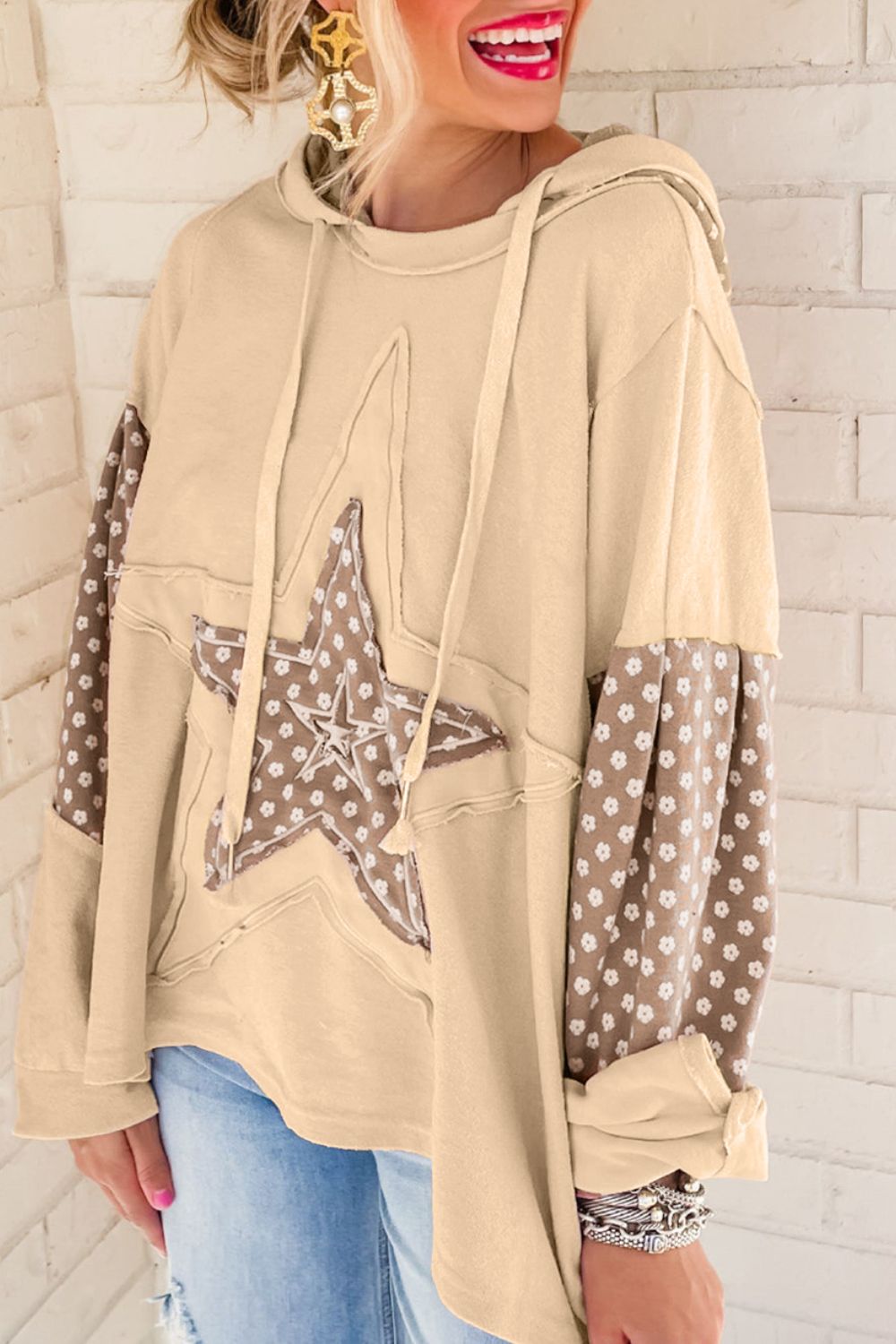 Floral Patchwork Star Pattern Drawstring Hoodie - Drazelle Store