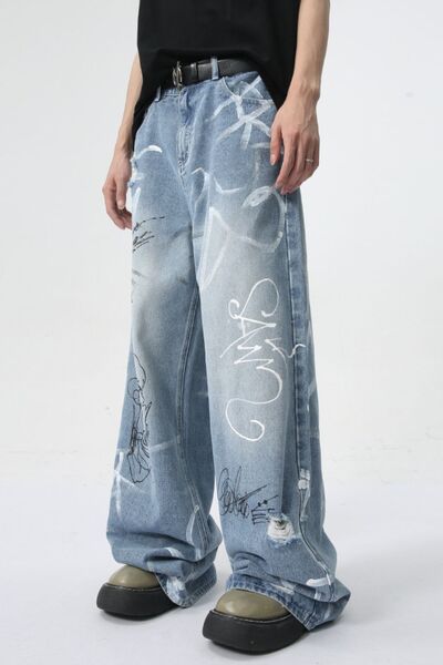 Mid Rise Graffiti Print Distressed Wide Leg Jeans - Drazelle Store