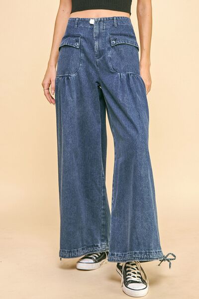 Davi & Dani Drawstring Hem Wide Leg Mid Rise Jeans - Drazelle Store