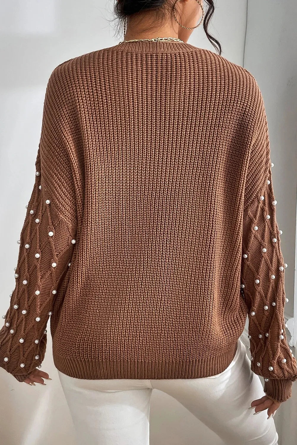 Pearl Detail Round Neck Long Sleeve Sweater - Drazelle Store