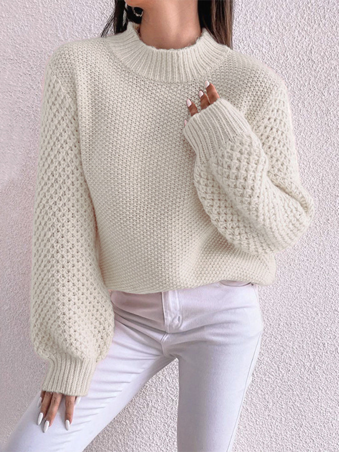 Openwork Mock Neck Long Sleeve Sweater - Drazelle Store