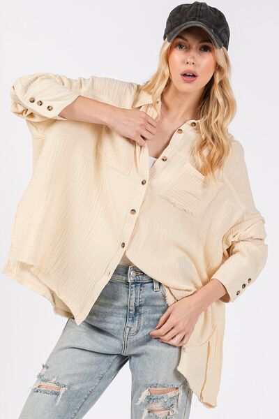 SAGE + FIG Frayed Hem Side Slit Button Down Shirt - Drazelle Store