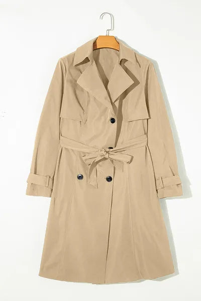 Collared Neck Tie Waist Buttoned Long Sleeve Trench Coat - Drazelle Store