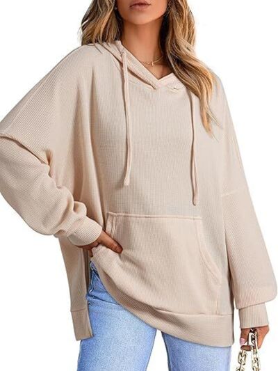 Drawstring Slit Long Sleeve Hoodie - Drazelle Store