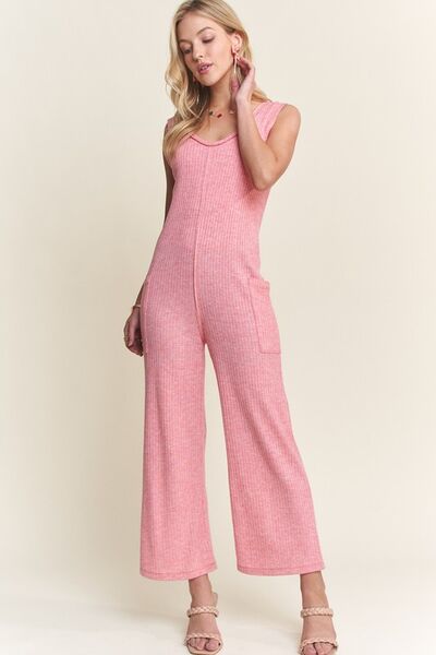 ADORA Ribbed V-Neck Wide Leg Jumpsuit with Pockets - Drazelle Store