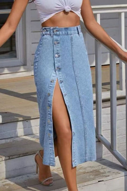 Buttoned Split Denim Skirt - Drazelle Store