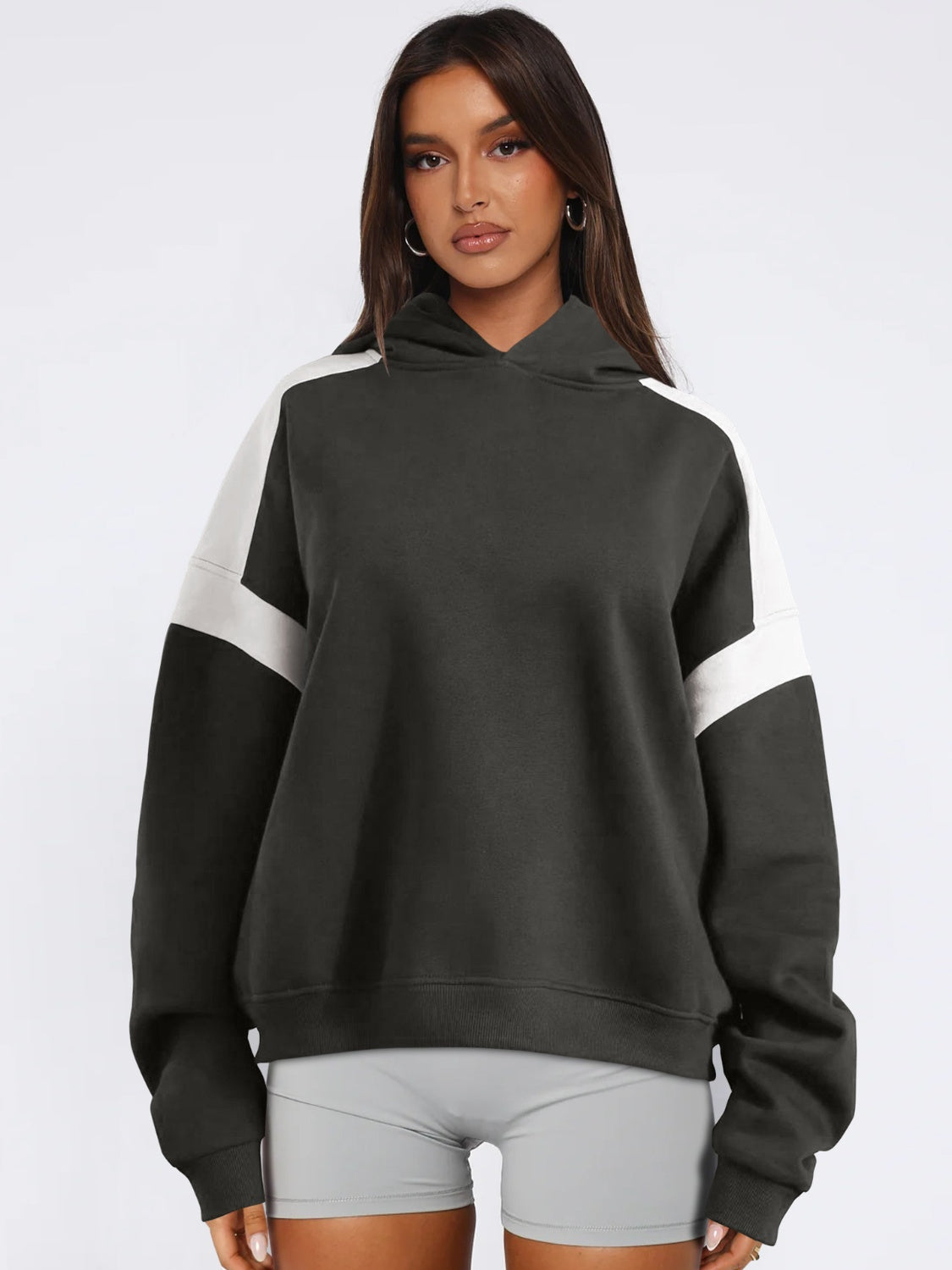 Contrast Dropped Shoulder Long Sleeve Hoodie - Drazelle Store