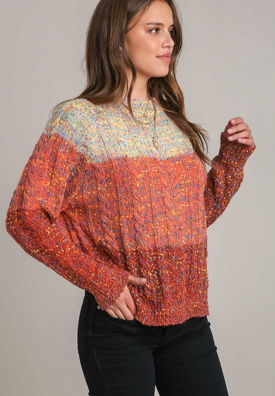 Cable-Knit Color Block Round Neck Long Sleeve Sweater - Drazelle Store