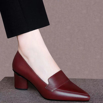 Genuine Leather Thick Heel Mid-heel Pointed Toe Women's Pumps - Drazelle Store