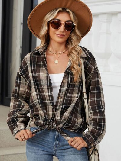 Plaid Collared Neck Long Sleeve Shirt - Drazelle Store