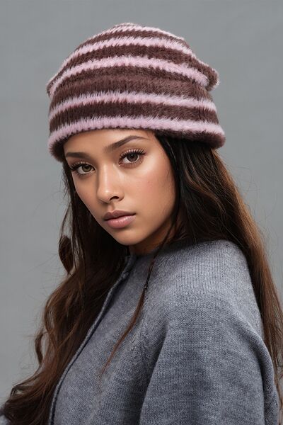 Fuzzy Contrast Striped Thermal Hat - Drazelle Store