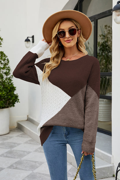 Color Block Round Neck Sweater - Drazelle Store