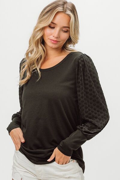 BiBi Round Neck Polka Dot Lantern Sleeve Top - Drazelle Store