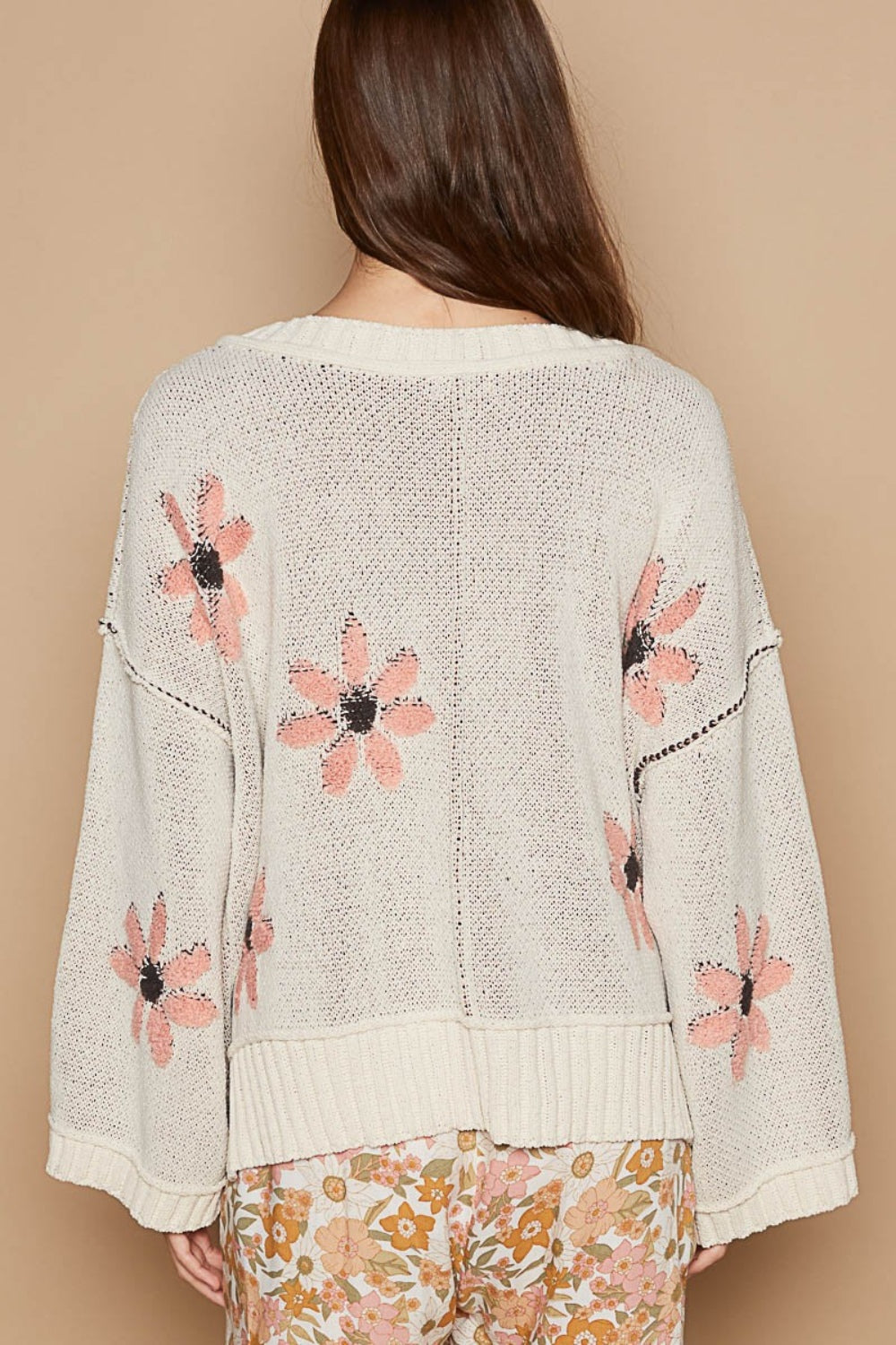 POL V-Neck Floral Pattern Chenille Sweater - Drazelle Store