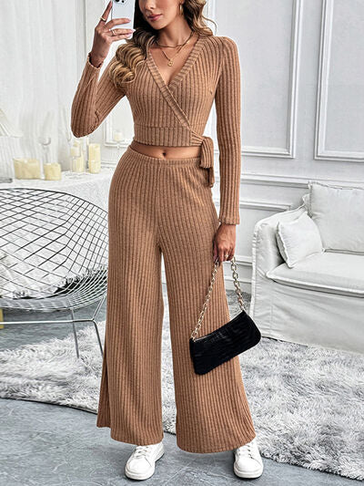 Perfee Surplice Long Sleeve Top and Pants Set - Drazelle Store