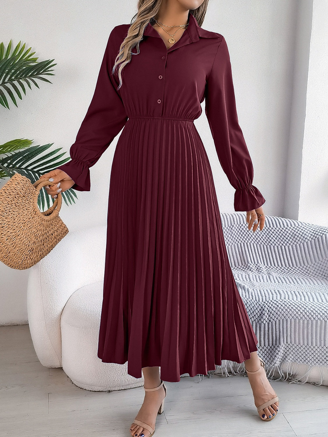 Pleated Half Button Long Sleeve Midi Dress - Drazelle Store