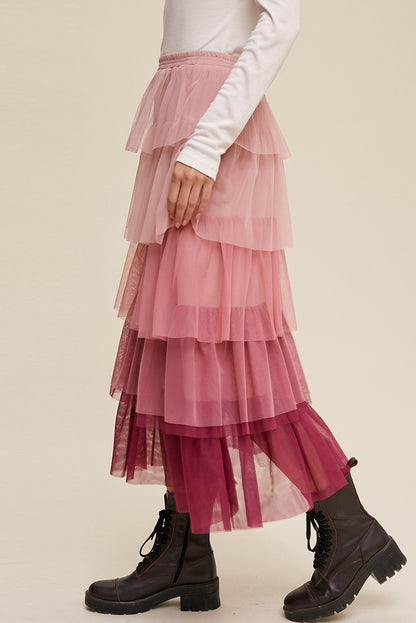 Elastic Waist Layered Tulle Midi Skirt - Drazelle Store