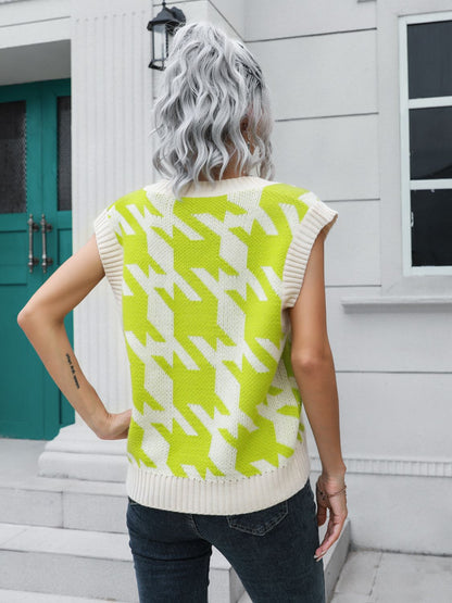 Houndstooth V-Neck Sweater Vest - Drazelle Store