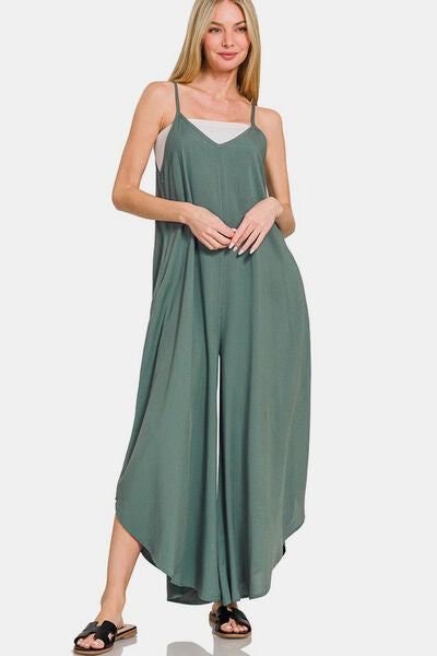 Zenana Sleeveless Curved Hem Wide Leg Overalls with Pockets - Drazelle Store