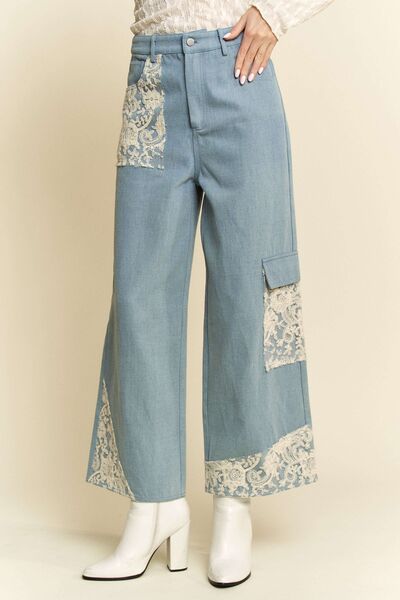 Davi & Dani Lace Applique Wide Leg Jeans - Drazelle Store