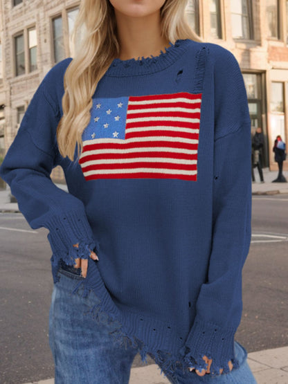 US Flag Distressed Round Neck Long Sleeve Sweater - Drazelle Store