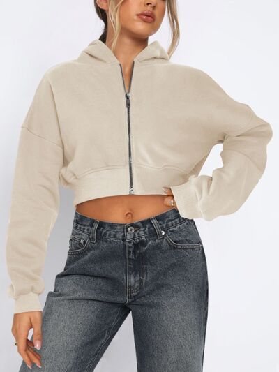 Zip Up Long Sleeve Hooded Cropped Jacket - Drazelle Store