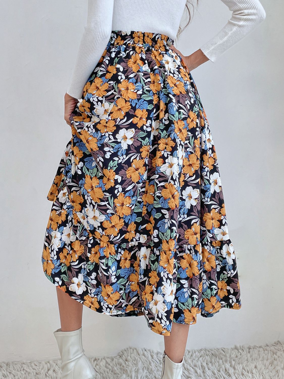 Printed Elastic Waist Midi Skirt - Drazelle Store