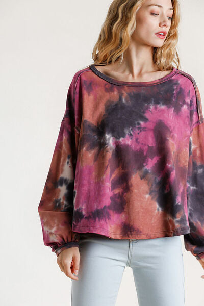 Umgee Full Size Tie Dye Round Neck Long Balloon Sleeve Top Plus Size - Drazelle Store