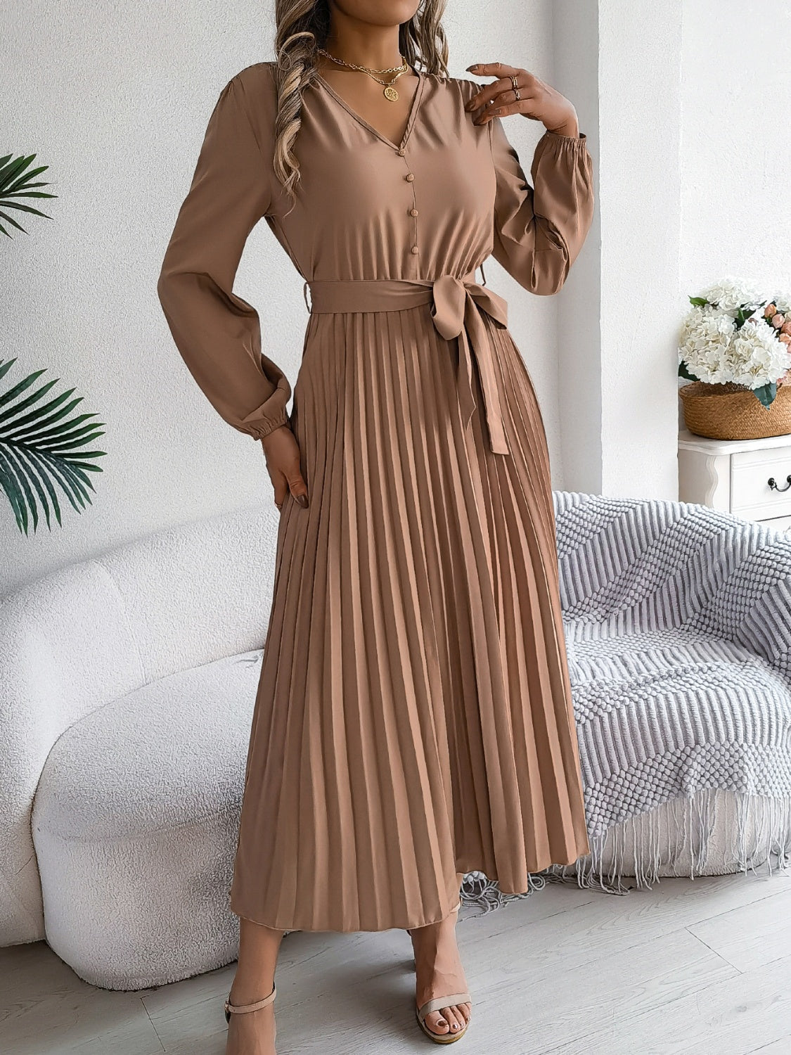 Pleated Tied V-Neck Long Sleeve Dress - Drazelle Store