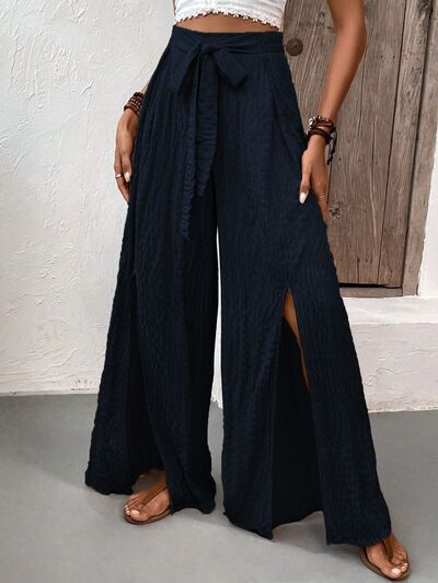 Honey Tied Slit Wide Leg Pants - Drazelle Store