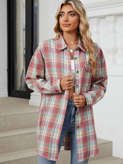 Plaid Collared Neck Long Sleeve Shirt - Drazelle Store