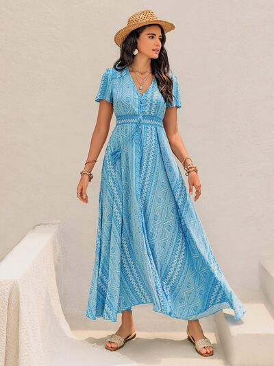 Printed Button Down Short Sleeve Maxi Dress - Drazelle Store