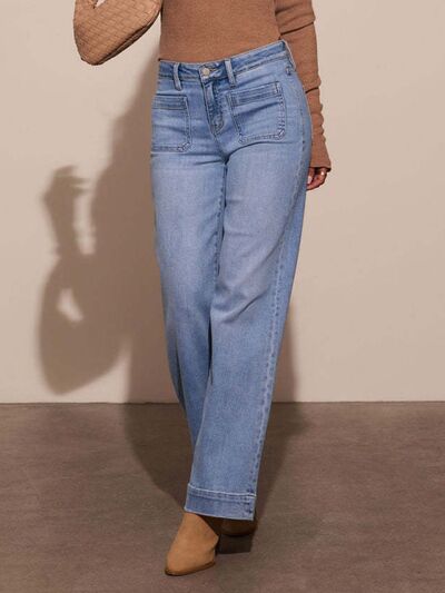 High Rise Front Pocket Patch Wide Leg Jeans - Drazelle Store