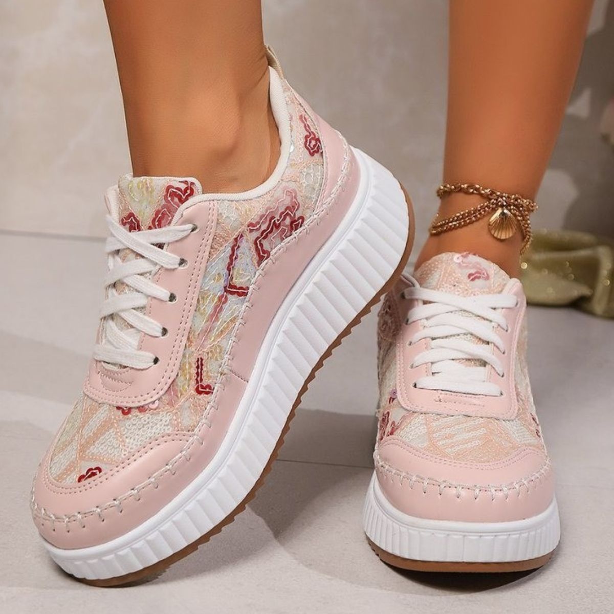 Sequin Round Toe Platform Lace Up Sneakers - Drazelle Store